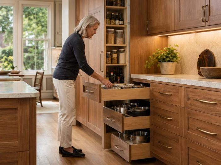 Aging-in-place kitchen with accessible custom cabinets and pullout storage in Louisville