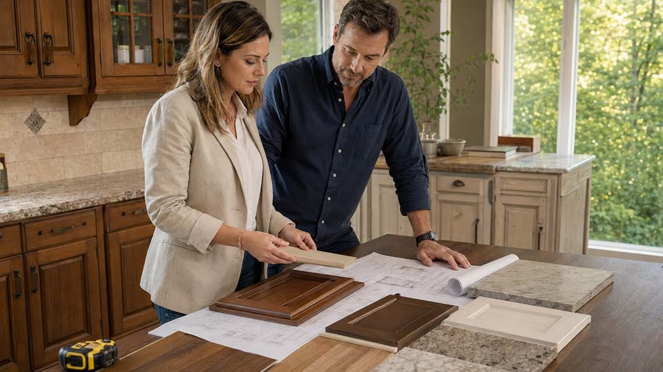 Homeowners reviewing cabinet samples and kitchen remodeling plans in Louisville
