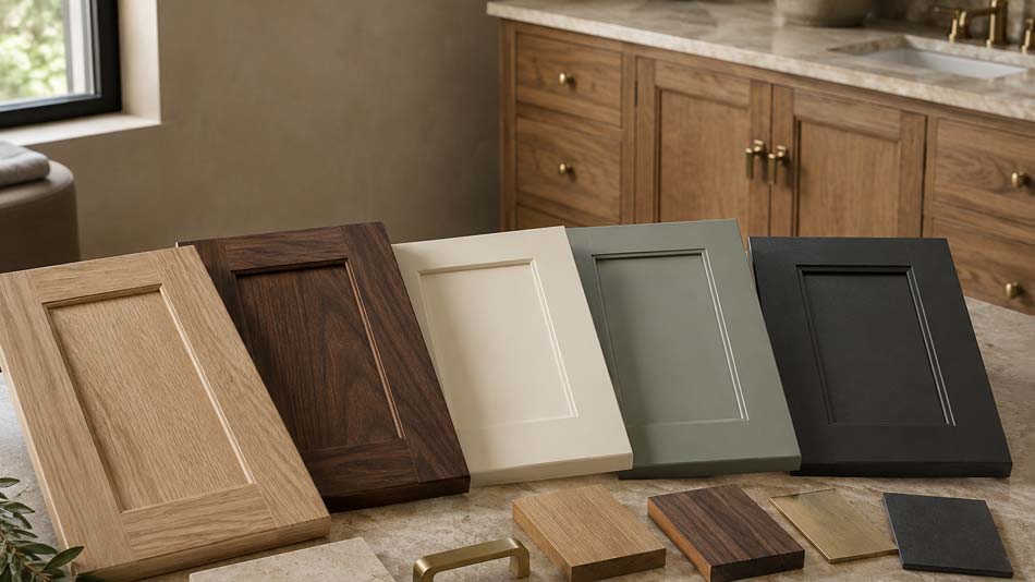 Wood and painted finish samples for a custom bathroom vanity