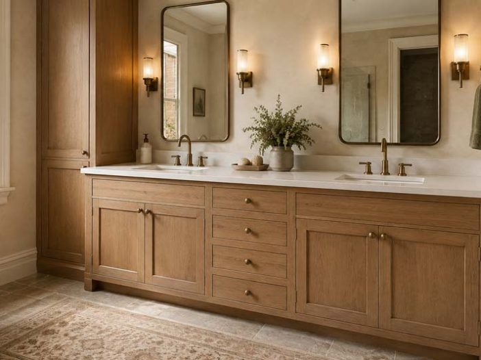 Custom white oak bathroom vanity in a Louisville home