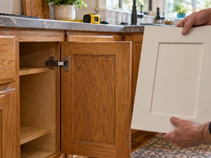 Homeowner holding a cream shaker door sample beside existing oak kitchen cabinets with an open door.